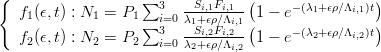 {                   ∑3     Si,1Fi,1  (     -(λ +ϵρ∕Λ  )t)
   f1(ϵ,t) : N1 = P1   i=0λ1+ϵρ∕Λi,1(1 - e   1    i,1 )
   f2(ϵ,t) : N2 = P2 ∑3   --Si,2Fi,2-- 1 - e-(λ2+ϵρ∕Λi,2)t
                      i=0λ2+ϵρ∕Λi,2
